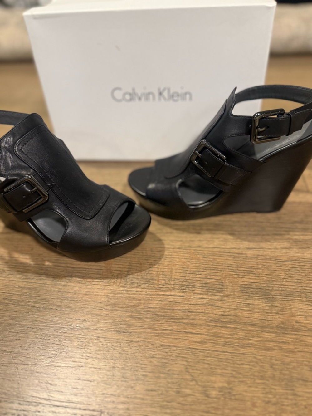 Calvin Klein NWT Black Leather Wedge Sandals: Size 8
